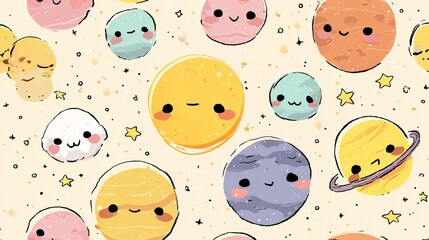 Kawaii Cute Planets Pattern &ndash; Adorable Space Illustration Background