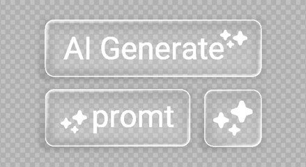 Obraz na płótnie Canvas Liquid glass interface buttons for AI generate technology with rounded rectangular shapes, sparkles icon and text. Transparent frosted elements decorated by stars. Modern 3D ui app design assets.