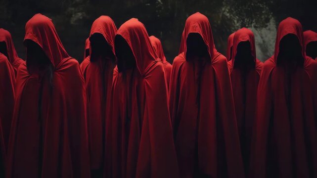 A Mysterious Group Wearing Red Hooded Robes Standing Together In A Dark Forest With Their Faces Hidden