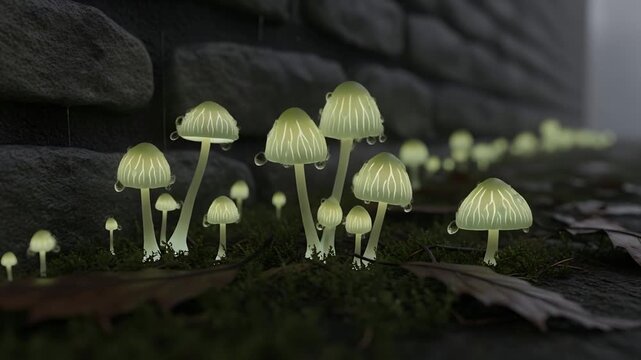Macro shot on a cluster of bizarre, phosphorescent mushrooms growing at the base of the house