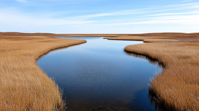Calm marshland reflections warm tones serene wetland estuary
