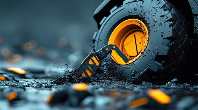 Close-up of heavy machinery digging into the ground, showcasing the tire and a digging tool. The scene is set with dramatic lighting.
