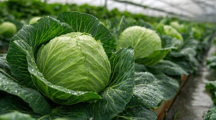 Fresh Green Cabbage Growing in Organic Farm &ndash; Healthy Vegetable Agriculture