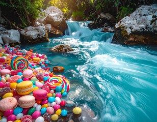 Colorful candies and macarons spill alongside a flowing river in a lush, sunny, rocky, natural setting