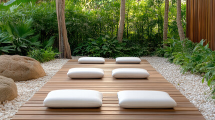 Meditation cushion wooden platform zen garden white pebble tropical plants outdoor wellness