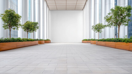 Fototapeta premium Modern urban atrium with symmetrical planters and trees offering calm minimalist space