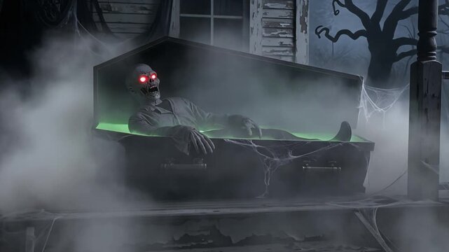 Medium shot of an open coffin propped on the porch. A horrifying animatronic zombie with glowing red eyes slowly sits up, then lies back down in a continuous