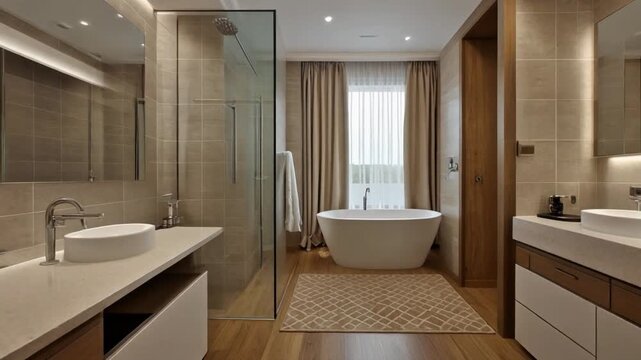 Contemporary modern bedroom with wooden floor boards. Walk in robe, spacious ensuite. Tiled bathroom with glass shower screen, white bath, luxurious vanity and basins