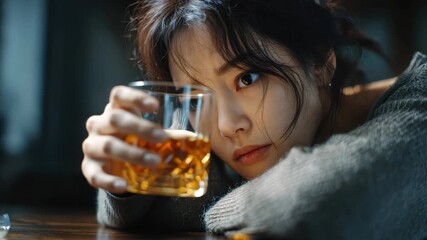 Young Asian woman struggles with emotions while holding a drink in a dimly lit room reflecting on personal challenges