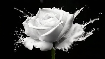 A White Rose With Water Splashes Against A Black Background - Powered by Adobe