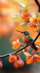 Fototapeta premium A hummingbird perches on a branch adorned with vibrant orange flowers, bathed in warm, soft light. The image captures the beauty of nature.