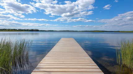 Obraz premium Calm waterfront symmetry open center region peaceful dock under blue sky