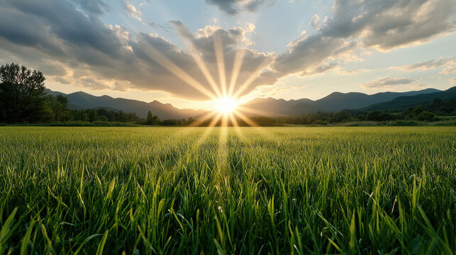 Sunrise field grass mountain sky cloud sunbeam calm motivational mood