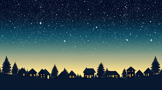 A silhouette of houses and trees under a beautiful starry night sky. The lights are on in the houses.
