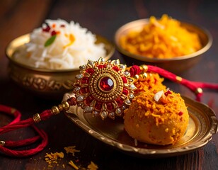 Close-up of a golden plate with a red and gold Rakhi and sweets, rice and golden food in bowls background