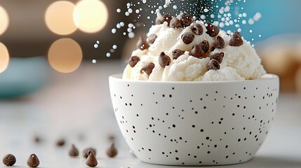 Close-up of a bowl of vanilla ice cream topped with chocolate chips and sprinkles. The bowl is white with black dots, and the background is blurred with bokeh.