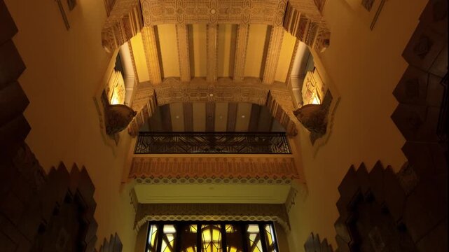 Gimbal wide tilting down shot of the historic sea-themed lobby at the Marine Building in Vancouver, British Columbia, Canada. 4K
