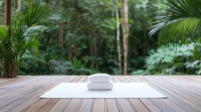 White yoga mat towel stack calm outdoor deck forest retreat