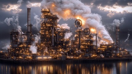 An industrial factory complex with smoke billowing from smokestacks, reflecting in the water below, under a cloudy sky at dusk.