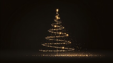Golden Spiral Christmas Tree Made of Glowing Lights on Dark Background