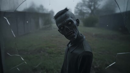 Shot from inside a dark, abandoned house, looking out a cracked and dirty window. A lone, menacing zombie decoration is visible in the yard, staring back - Powered by Adobe