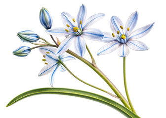 Fototapeta premium Delicate blue and white striped Puschkinia flowers and buds emerge from green leaves on a white background, perfect for spring floral compositions and botanical themes.