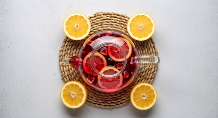 Top view of fruit tea in a glass teapot on a woven mat. Red herbal infusion with citrus slices and berries. Healthy detox drink flat lay with copy space