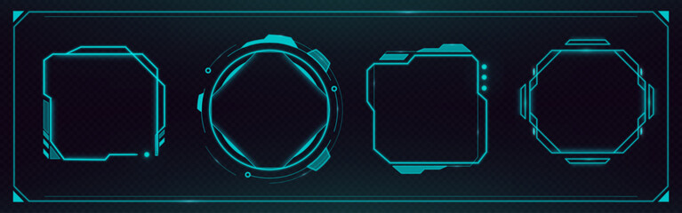Futuristic HUD frame collection with glowing neon borders and digital interface elements. Tech game UI panels with cyberpunk screen bars, holographic boxes and sci fi frames on dark background.