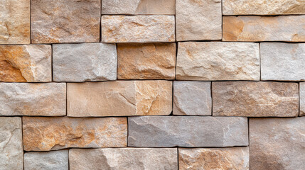 Fototapeta premium Natural stone wall texture with rectangular stacked masonry blocks, warm tones