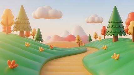 Spring and autumn landscape with trees, flowers, and clouds