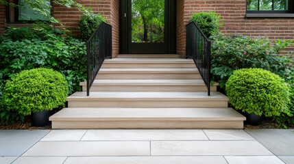 Neat stone front steps with iron railings and lush green shrubs creating welcoming calm