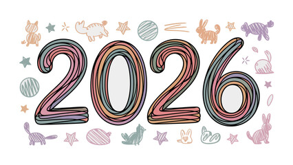 Year 2026 Celebration: A vibrant, hand-drawn illustration with the numerals 2026, decorated with playful animal sketches and stars, embodies the excitement and anticipation of a new year.