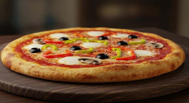 Delicious gourmet pizza with fresh toppings ready to eat on a wooden board - Powered by Adobe