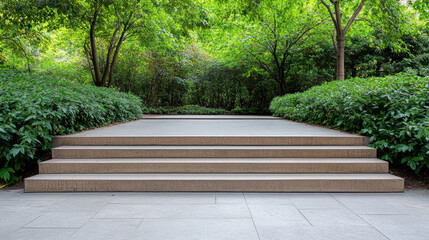 Stone steps leading to leafy garden plaza, tranquil urban park pathway
