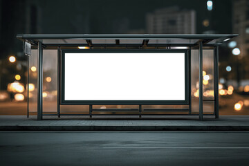 Creative mockup of an empty billboard at a city bus stop during nighttime