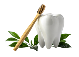 Natural bamboo toothbrush resting against a stylized ceramic tooth model surrounded by vibrant green leaves for dental hygiene and organic lifestyle promotion