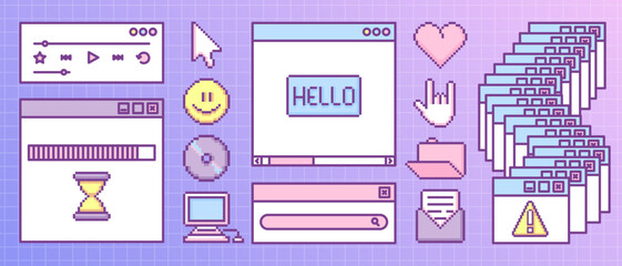 Naklejka premium Y2k retro pixel game interface with vintage window frames, old computer screen icons and ui elements. Purple gradient collection of cursor and smiling face, heart and folder by nostalgic style.