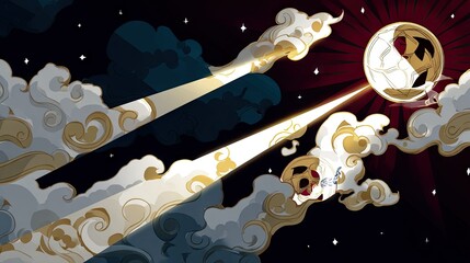 An abstract illustration featuring clouds, a moon, and stars in a night sky with a dramatic lighting.