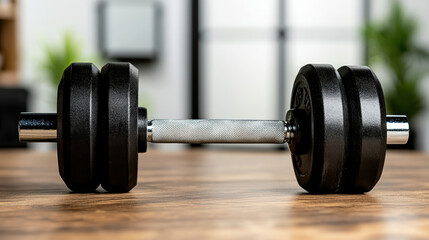 Adjustable dumbbell on wooden floor in home gym, sleek neutral lighting