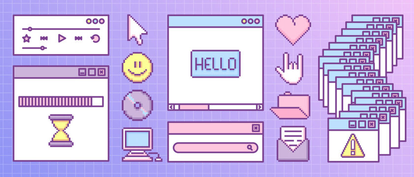 Y2k retro pixel game interface with vintage window frames, old computer screen icons and ui elements. Purple gradient collection of cursor and smiling face, heart and folder by nostalgic style.
