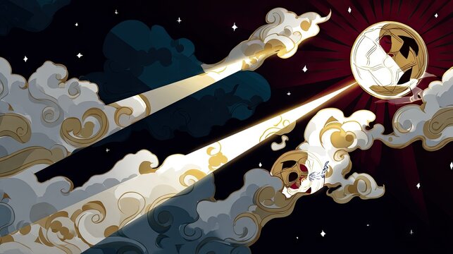 An abstract illustration featuring clouds, a moon, and stars in a night sky with a dramatic lighting.