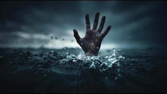Dramatic image of a human hand reaching out of dark stormy water in distress under moody sky