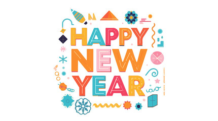 illustration template featuring festive happy new year design elements with a modern flat design style, incorporating vibrant colors, bold typographywith png Transparent