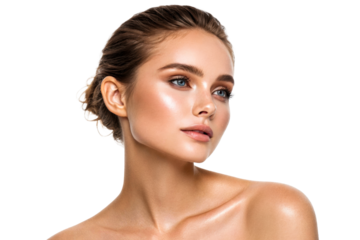 Radiant woman with flawless skin and captivating blue eyes looking away, perfect for skincare, cosmetics, and wellness campaigns.