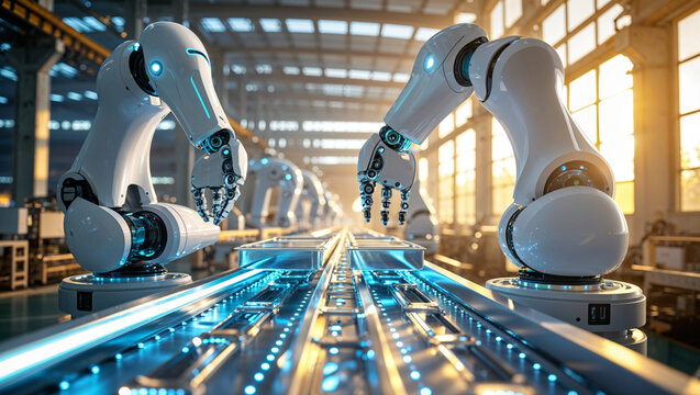 Robotic arms working on an automated assembly line in a modern factory - Powered by Adobe