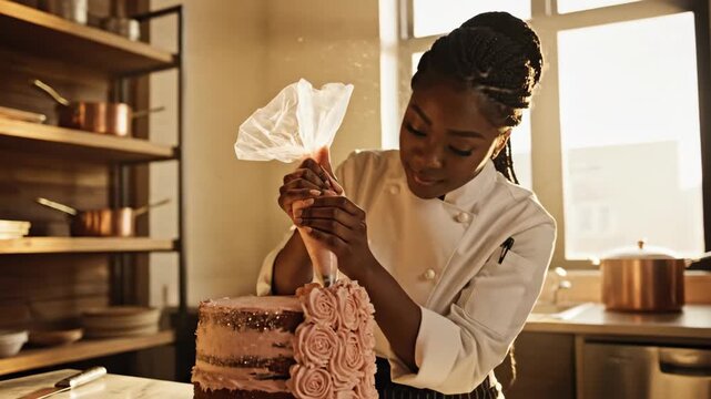 Female pastry chef decorating layered confection with piping bag