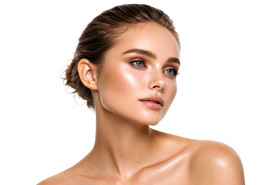 Radiant woman with flawless skin and captivating blue eyes looking away, perfect for skincare, cosmetics, and wellness campaigns.