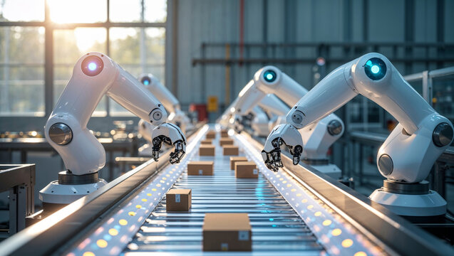Robotic arms working on a conveyor belt in a modern automated factory