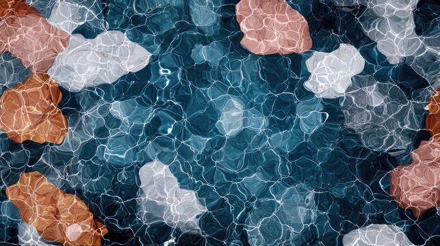 An abstract image of a water surface with colorful floating shapes, viewed from above. The water has a dark blue color, and the shapes are various shades of bro