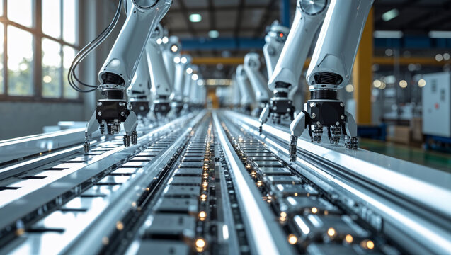 Robotic arms working on an automated assembly line in a modern factory - Powered by Adobe